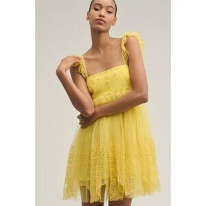 Anthropologie LET ME BE Floral Eyelet Tulle Mini Dress in Yellow Size S NWT $198